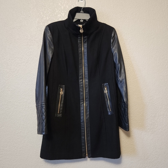 Michael Kors Women's Black Wool and Faux Leather Coat, Size: 8 - Picture 7 of 10